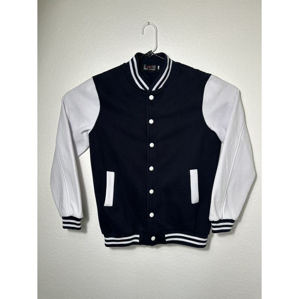 Paul Jones Dark Blue And White Button Up Varsity Bomber Jacket size XL